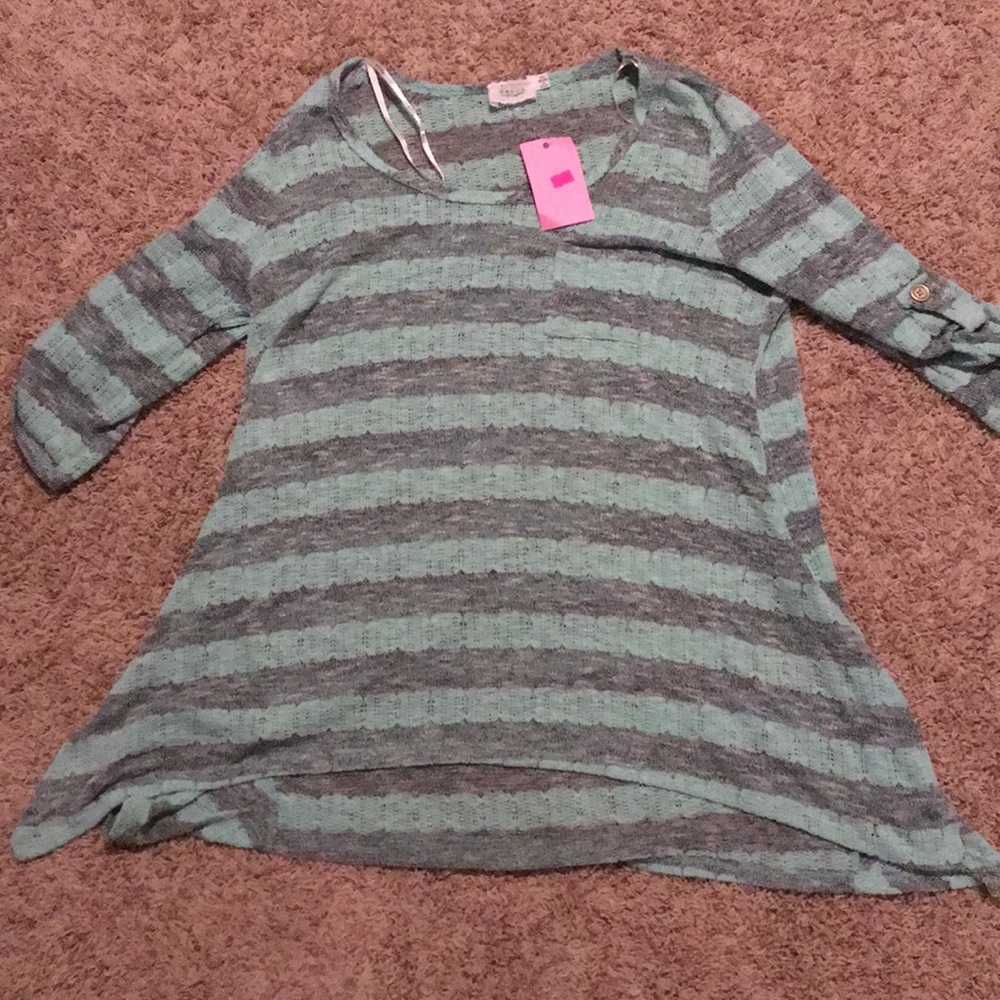 Shirt- mint and gray stripes, 3/4 length sleeves.